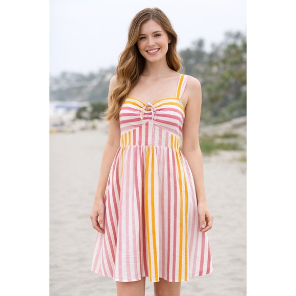 Steve Madden Dresses & Skirts - Steve Madden Deyvani Dress Multi Stripe Midi Sun Dress Size 4 Pink Orange Yellow